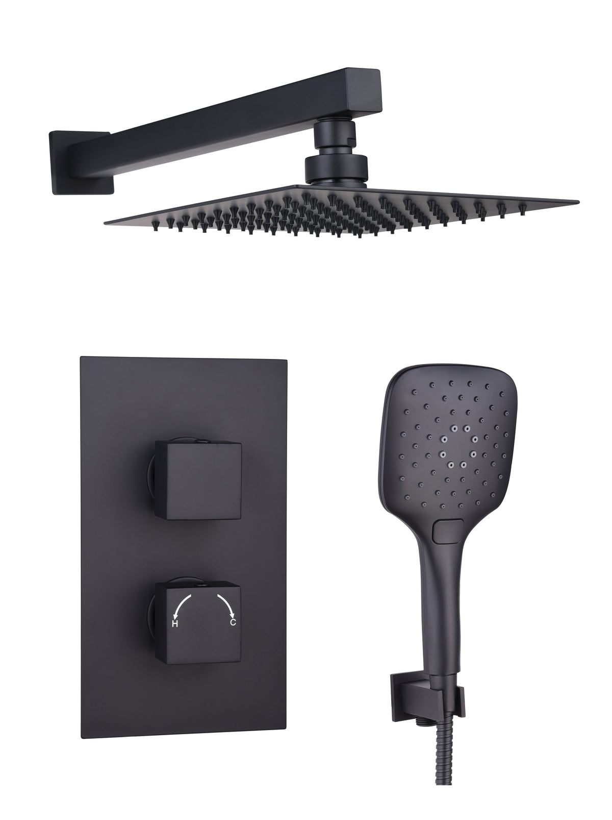 Black Square Concealed Thermostatic 2 Handle 2 Way Shower Kit with SS Head - Black - product image 2