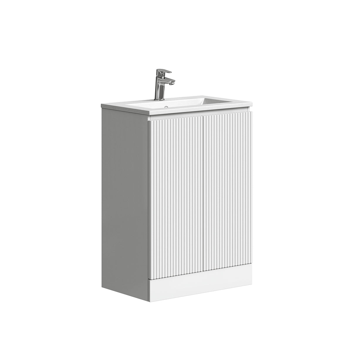 Plumb Essentials 600mm Fluted Double Door Floor Standing Vanity & Ceramic Basin - Gloss White