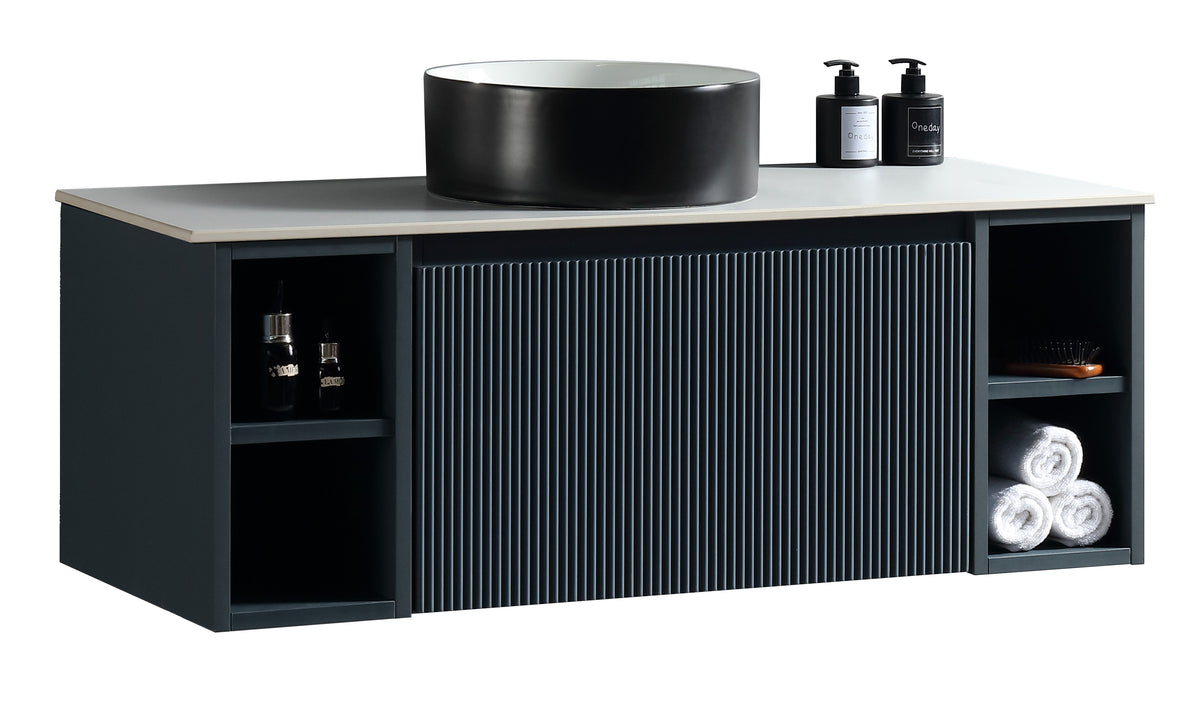 Flauto 1000mm Wall Hung Vanity w. 2 Side Storage & Sintered Stone Counter Top - Midnight Shadow