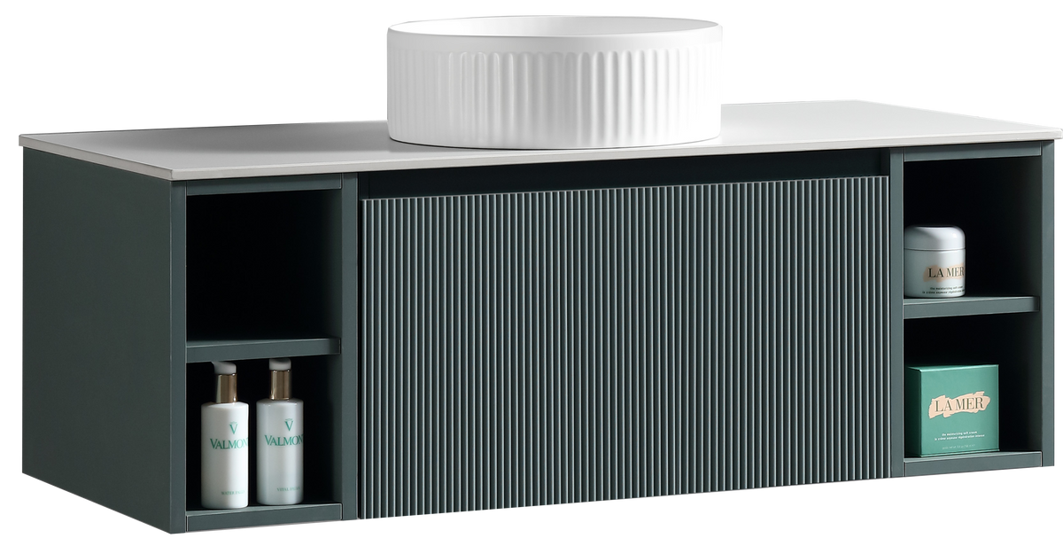 Flauto 1000mm Wall Hung Vanity w. 2 Side Storage & Sintered Stone Counter Top - Smoked Sage