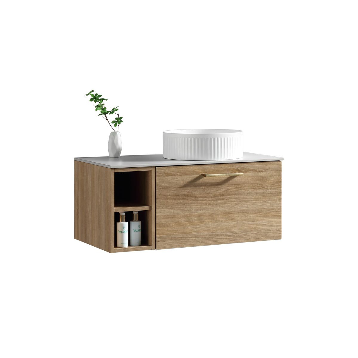 Piatta 800mm Wall Hung Vanity w. Side Storage & Right Hand Sintered Stone Counter Top - Country Oak