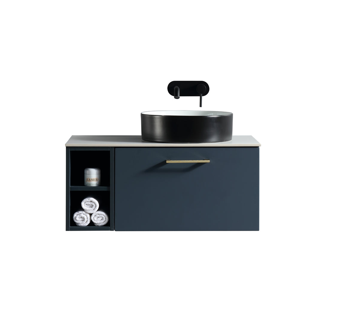 Piatta 800mm Wall Hung Vanity w. Side Storage & Right Hand Sintered Stone Counter Top - Midnight Shadow