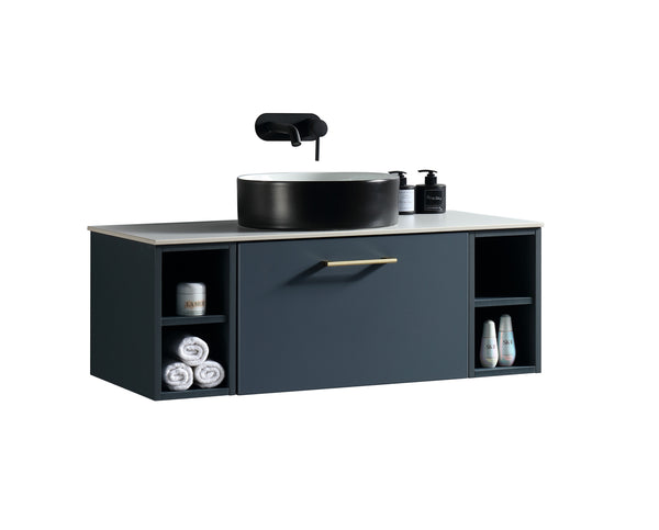 Piatta 1000mm Wall Hung Vanity w. 2 Side Storage & Sintered Stone Counter Top - Midnight Shadow