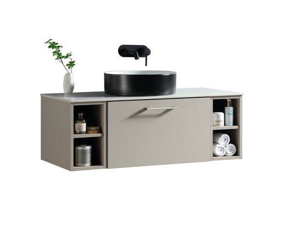 Piatta 1000mm Wall Hung Vanity w. 2 Side Storage & Sintered Stone Counter Top - Soft Coffee