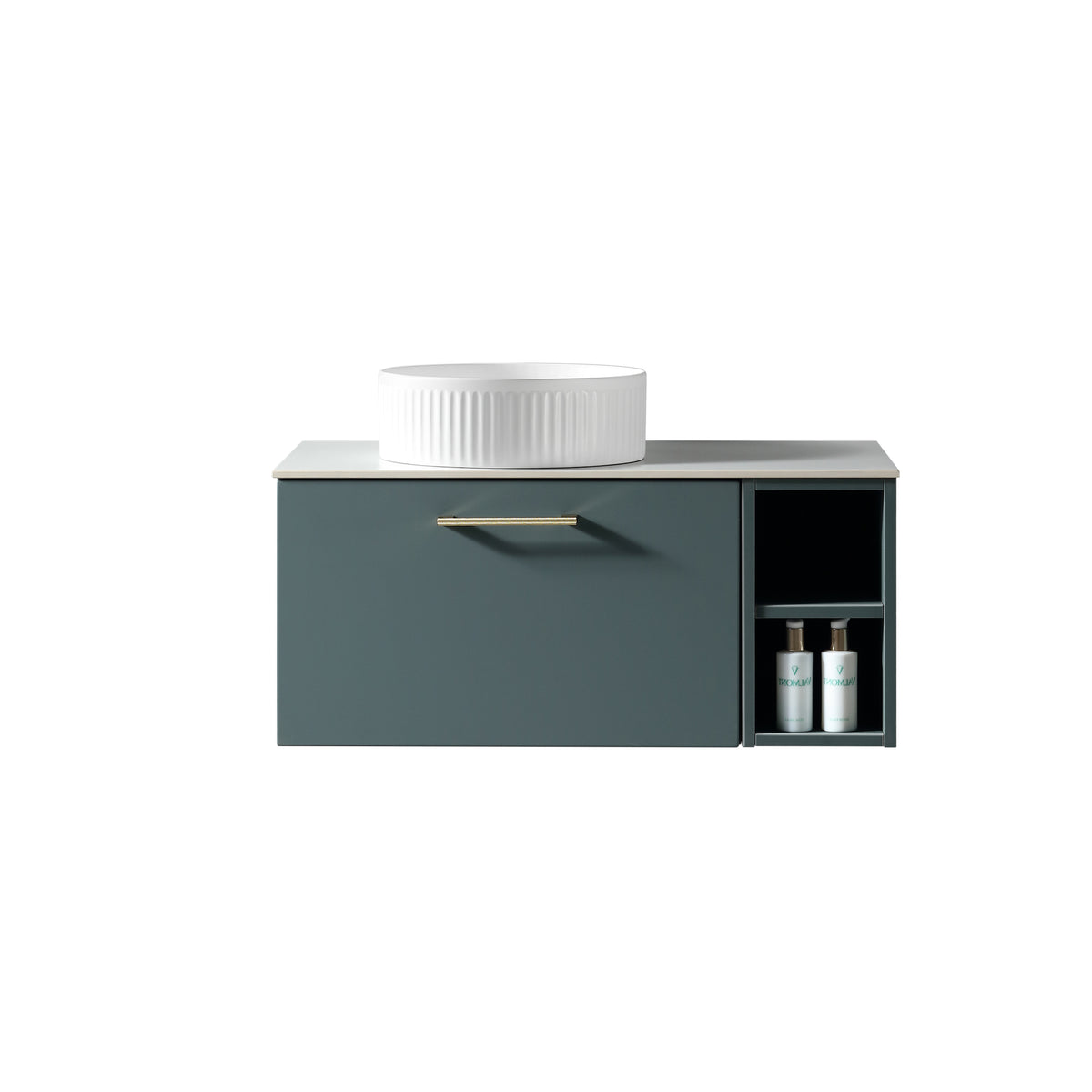 Piatta 800mm Wall Hung Vanity w. Side Storage & Left Hand Sintered Stone Counter Top - Smoked Sage