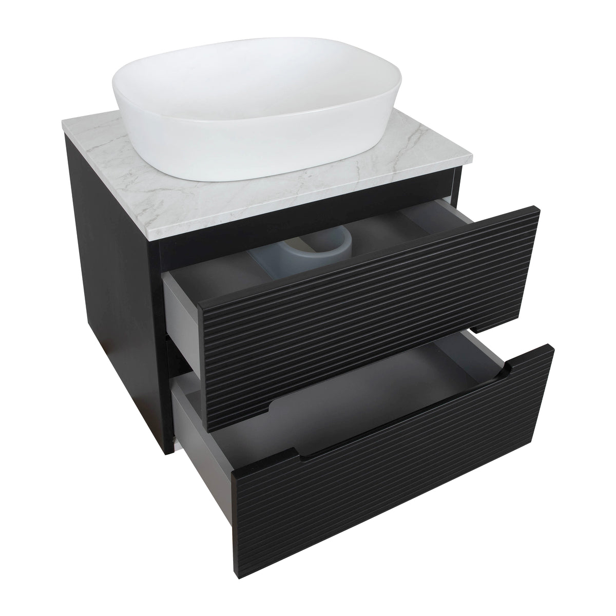 Monza Plus 600mm Fluted Wall Hung Vanity & Counter Top - Matte Black/Grey Marble