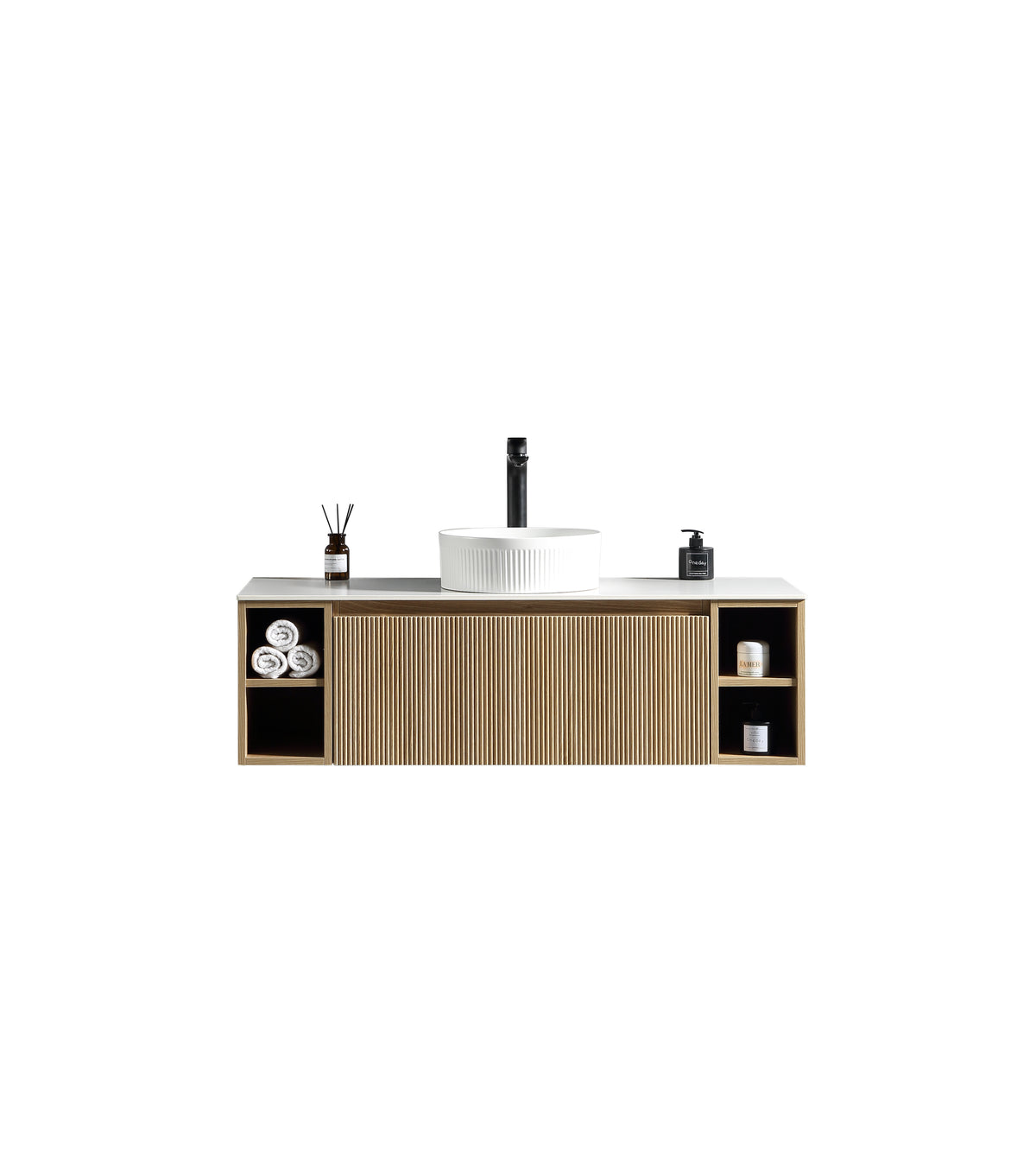 Flauto 1200mm Wall Hung Vanity w. 2 Side Storage & Sintered Stone Counter Top - Country Oak
