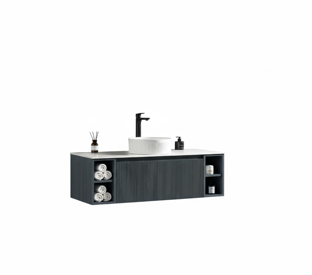Flauto 1200mm Wall Hung Vanity w. 2 Side Storage & Sintered Stone Counter Top - Midnight Shadow