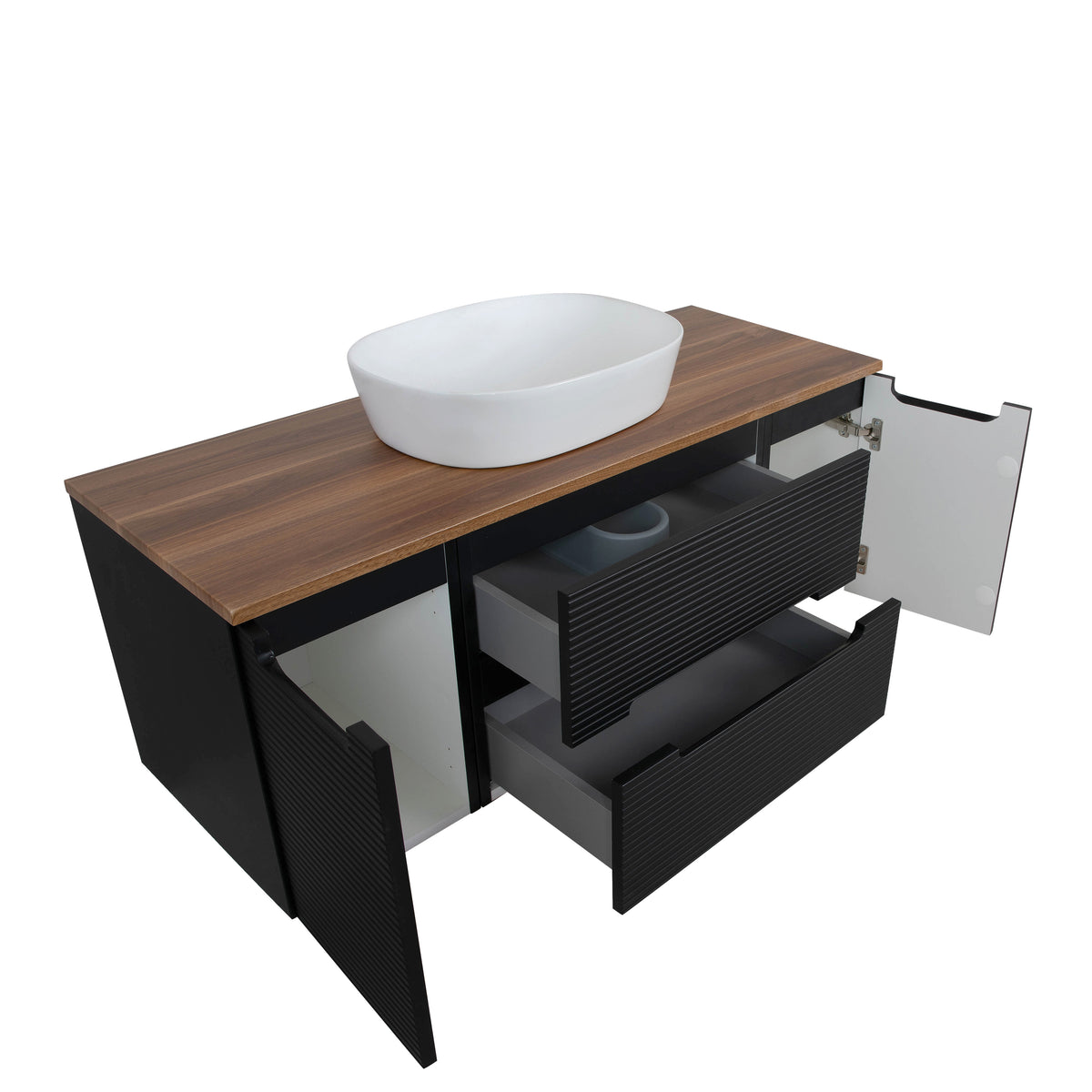 Monza Plus 900mm Fluted Wall Hung Vanity & Counter Top - Matte Black/Grey Marble