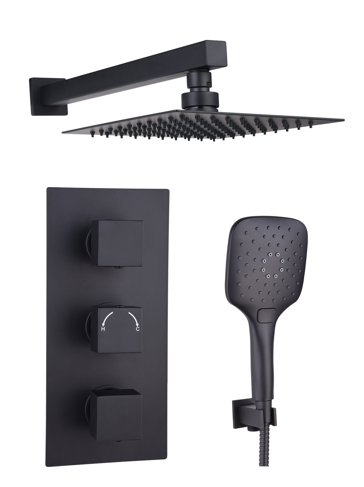 Black Square Concealed Thermostatic 3 Handle 2 Way Shower Kit with SS Head - Black - product image 2
