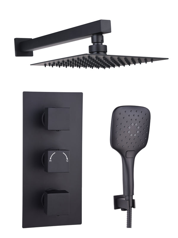 Black Square Concealed Thermostatic 3 Handle 2 Way Shower Kit with SS Head - Black - product image 2