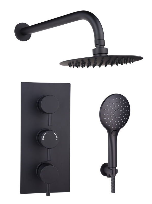Black Round Concealed Thermostatic 3 Handle 2 Way Shower Kit with SS Head - Black - product image 2