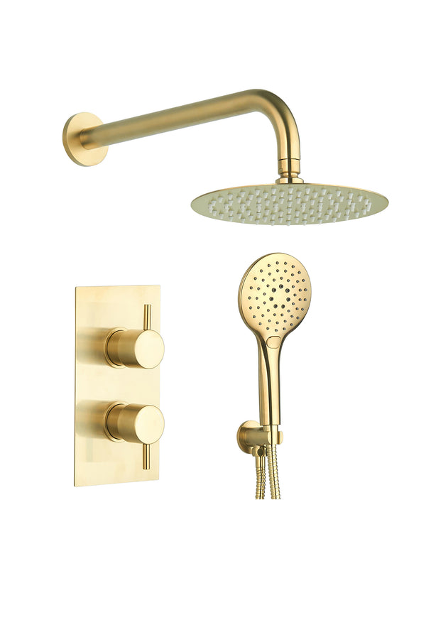 Round Concealed Thermostatic 2 Handle 2 Way Shower Kit with SS Head - Brushed Brass - product image 2