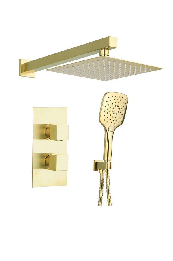 Square Concealed Thermostatic 2 Handle 2 Way Shower Kit with SS Head - Brushed Brass - product image 2