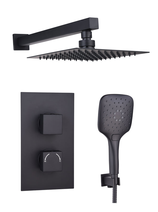 Black Square Concealed Thermostatic 2 Handle 2 Way Shower Kit with SS Head - Black - product image 3