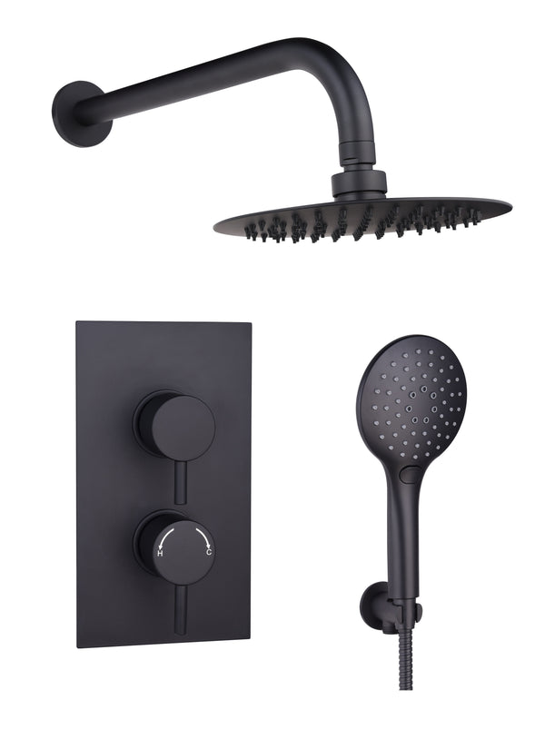 Black Round Concealed Thermostatic 2 Handle 2 Way Shower Kit with SS Head - Black - product image 3