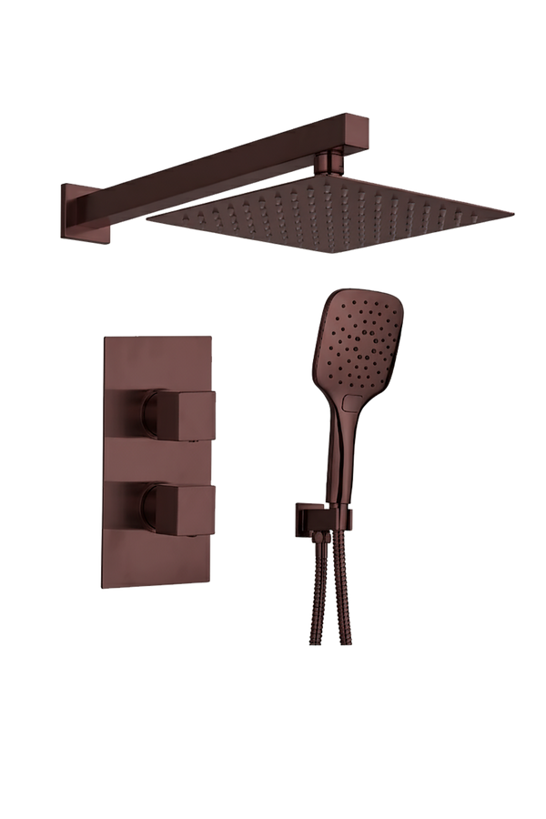 Square Concealed Thermostatic 2 Handle 2 Way Shower Kit with SS Head - Brushed Bronze - product image 3