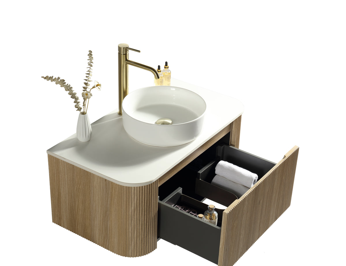 Flauto Country Oak 870mm Wall Hung Curve Corner Vanity w. Sintered Stone Counter Top - product image 3