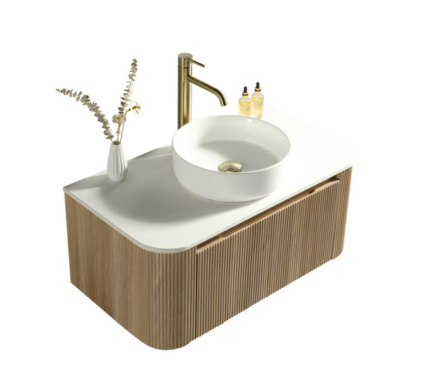 Flauto Country Oak 870mm Wall Hung Curve Corner Vanity w. Sintered Stone Counter Top