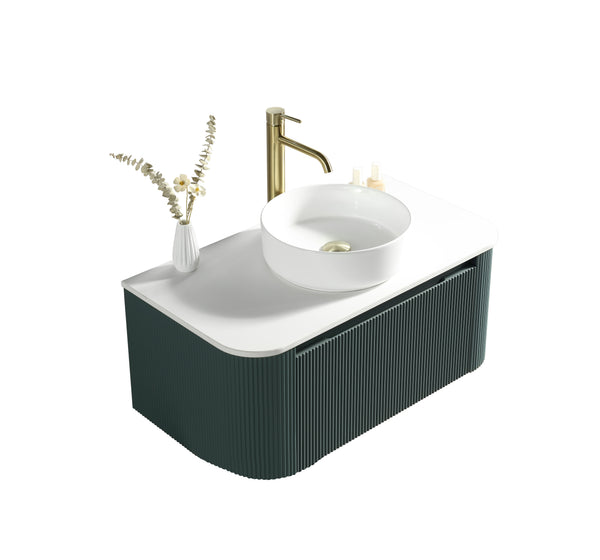 Flauto Smoked Sage 870mm Wall Hung Curve Corner Vanity w. Sintered Stone Counter Top