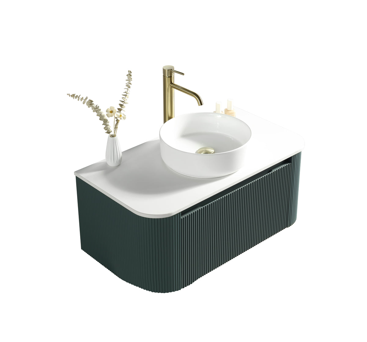 Flauto Smoked Sage 870mm Wall Hung Curve Corner Vanity w. Sintered Stone Counter Top