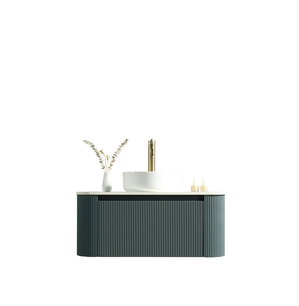 Flauto Smoked Sage 870mm Wall Hung Curve Corner Vanity w. Sintered Stone Counter Top