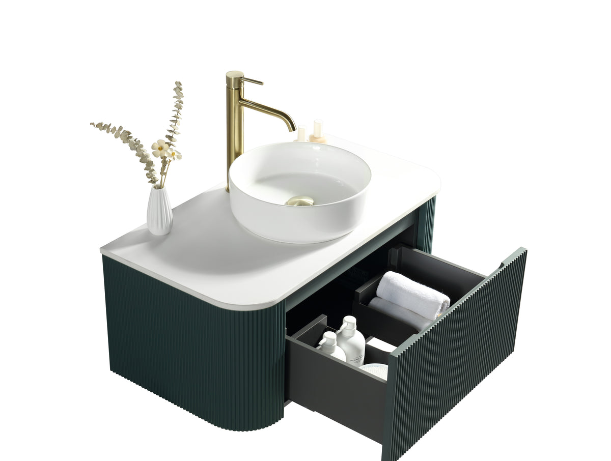 Flauto Smoked Sage 870mm Wall Hung Curve Corner Vanity with Sintered Stone Countertop