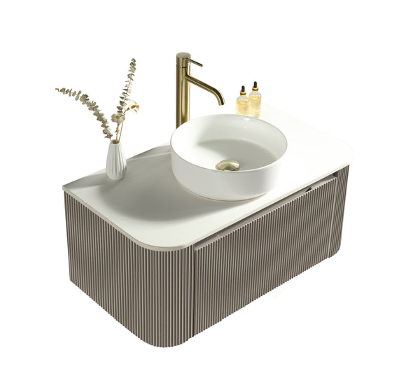 Flauto Soft Coffee 870mm Wall Hung Curve Corner Vanity w. Sintered Stone Counter Top