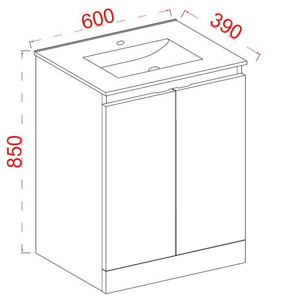 Plumb Essentials 600mm Double Door Floor Standing Vanity & Ceramic Basin - Gloss White