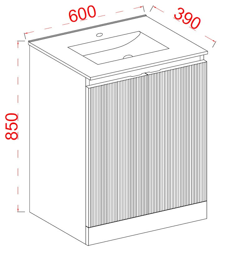 Plumb Essentials 600mm Fluted Double Door Floor Standing Vanity & Ceramic Basin - Gloss White