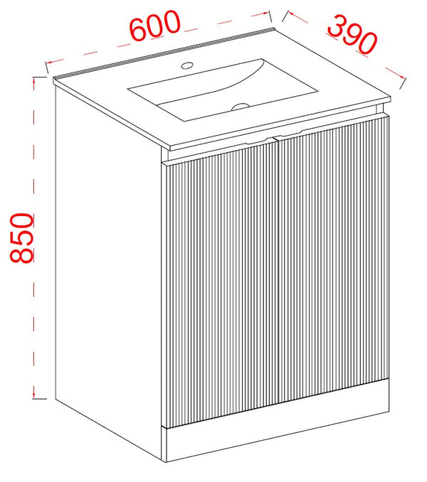Plumb Essentials 600mm Fluted Double Door Floor Standing Vanity & Ceramic Basin - Gloss White