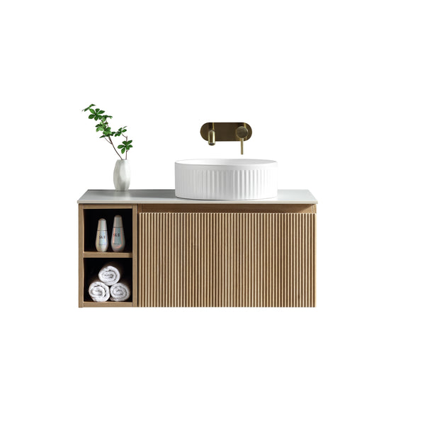 Flauto 800mm Wall Hung Vanity w. Side Storage & Right Hand Sintered Stone Counter Top - Country Oak