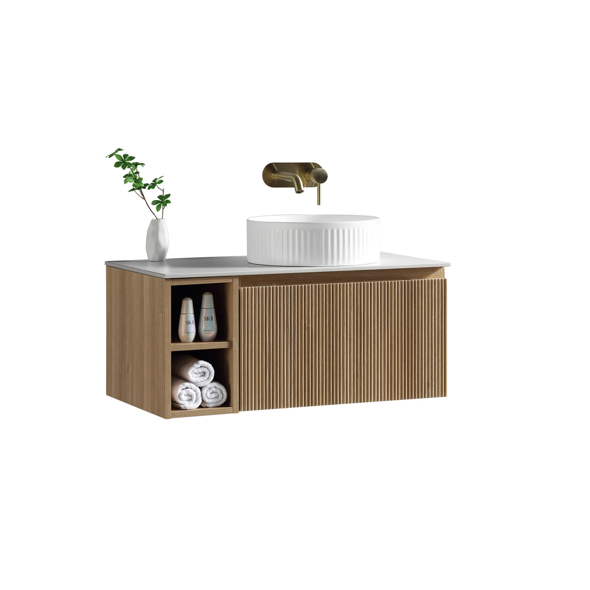 Flauto 800mm Wall Hung Vanity with Side Storage & Right Hand Sintered Stone Countertop - Country Oak
