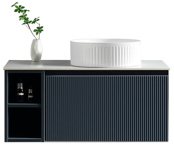 Flauto 800mm Wall Hung Vanity w. Side Storage & Right Hand Sintered Stone Counter Top - Midnight Shadow