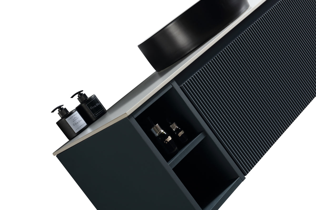 Flauto 800mm Wall Hung Vanity w. Side Storage & Right Hand Sintered Stone Counter Top - Midnight Shadow