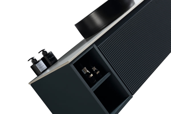 Flauto 800mm Wall Hung Vanity w. Side Storage & Right Hand Sintered Stone Counter Top - Midnight Shadow