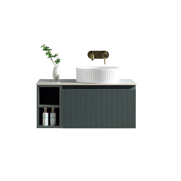 Flauto 800mm Wall Hung Vanity w. Side Storage & Right Hand Sintered Stone Counter Top - Smoked Sage