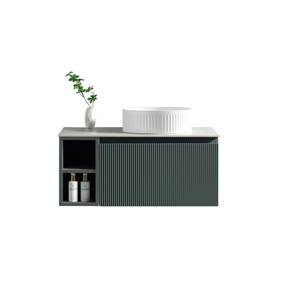 Flauto 800mm Wall Hung Vanity w. Side Storage & Right Hand Sintered Stone Counter Top - Smoked Sage