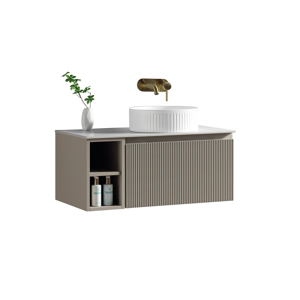 Flauto 800mm Wall Hung Vanity w. Side Storage & Right Hand Sintered Stone Counter Top - Soft Coffee
