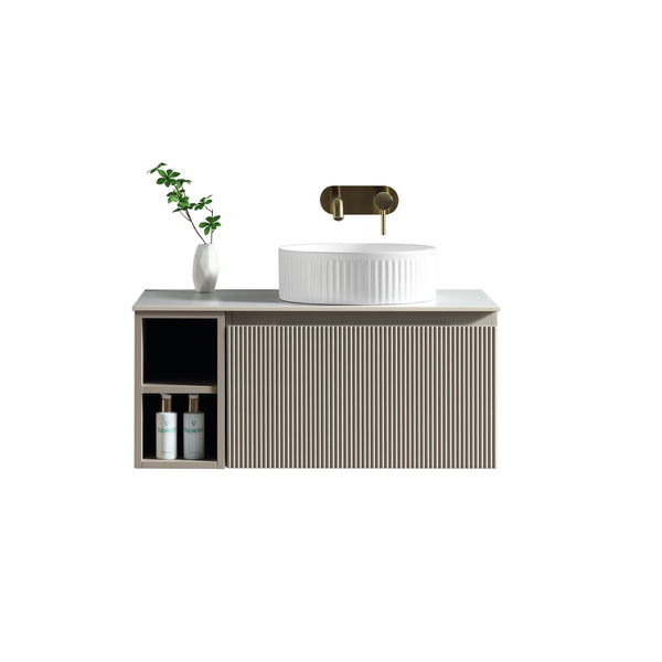 Flauto 800mm Wall Hung Vanity w. Side Storage & Right Hand Sintered Stone Counter Top - Soft Coffee