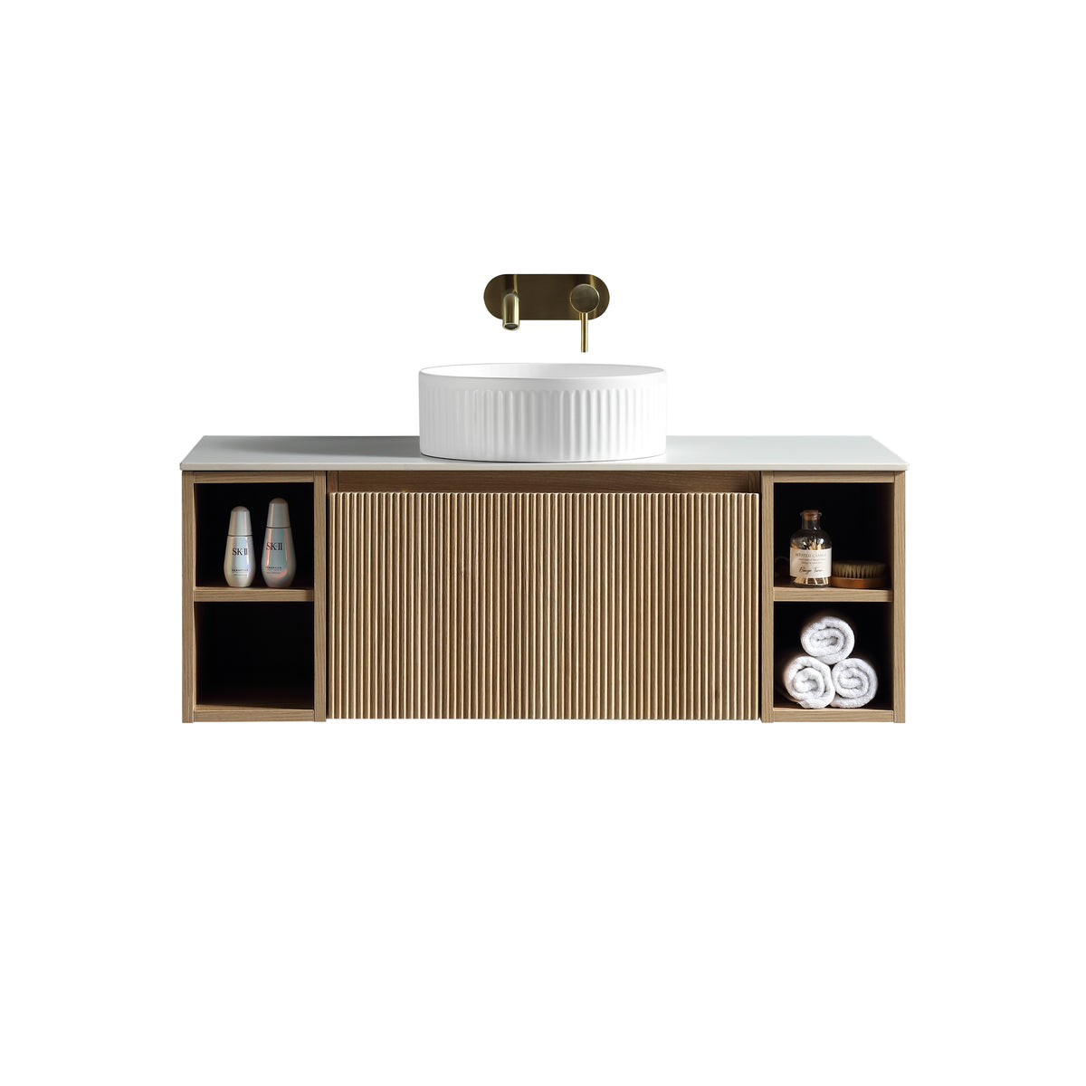 Flauto 1000mm Wall Hung Vanity with 2 Side Storage & Sintered Stone Countertop - Country Oak