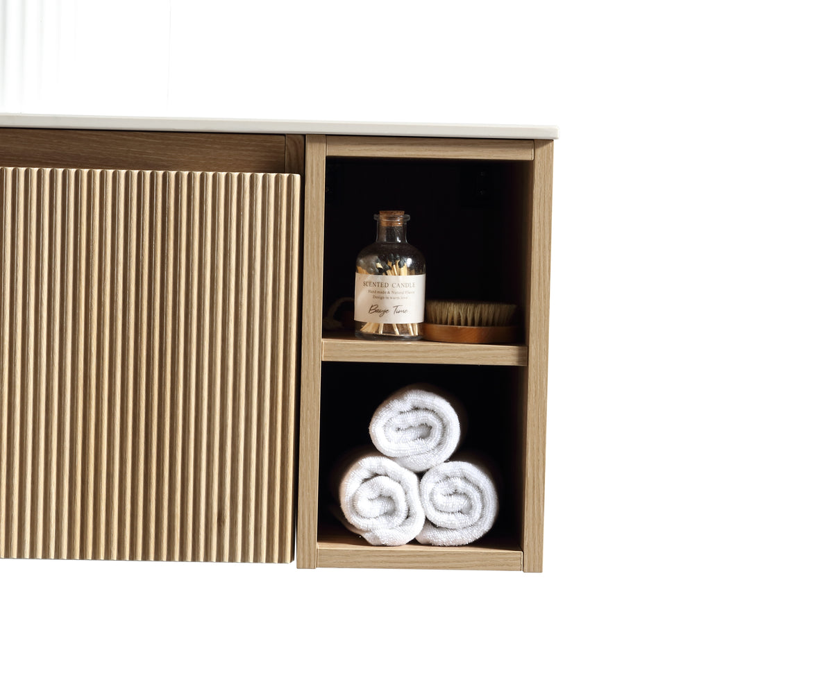 Flauto 1000mm Wall Hung Vanity with 2 Side Storage & Sintered Stone Countertop - Country Oak