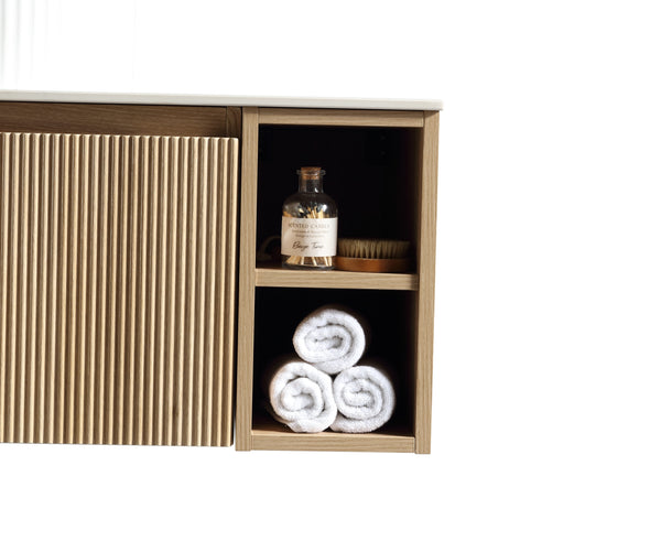 Flauto 1000mm Wall Hung Vanity w. 2 Side Storage & Sintered Stone Counter Top - Country Oak
