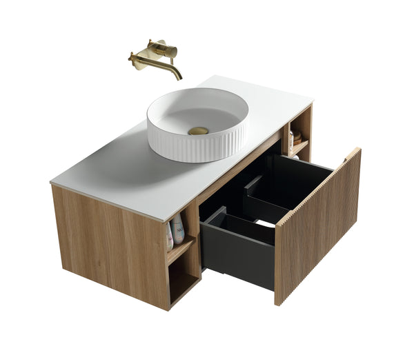 Flauto 1000mm Wall Hung Vanity w. 2 Side Storage & Sintered Stone Counter Top - Country Oak