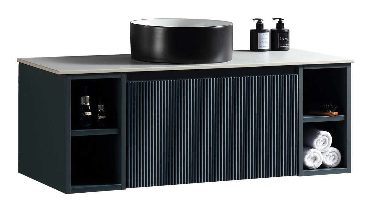 Flauto 1000mm Wall Hung Vanity with 2 Side Storage & Sintered Stone Countertop - Midnight Shadow