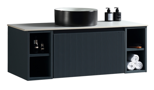 Flauto 1000mm Wall Hung Vanity w. 2 Side Storage & Sintered Stone Counter Top - Midnight Shadow