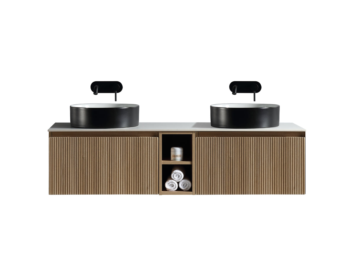 Flauto 1400mm Wall Hung Double Vanity w. Side Storage Sintered Stone Counter Top - Country Oak