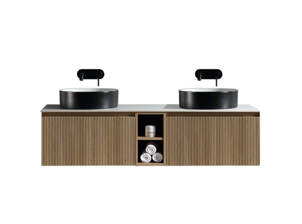 Flauto 1400mm Wall Hung Double Vanity w. Side Storage Sintered Stone Counter Top - Country Oak