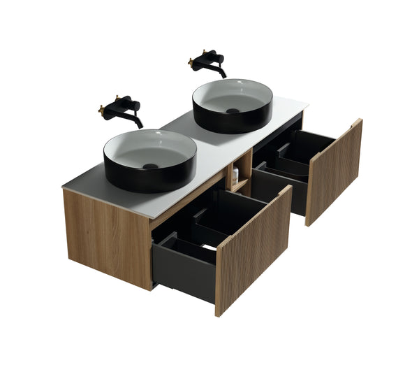 Flauto 1400mm Wall Hung Double Vanity w. Side Storage Sintered Stone Counter Top - Country Oak