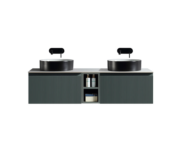 Flauto 1400mm Wall Hung Double Vanity w. Side Storage Sintered Stone Counter Top - Smoked Sage